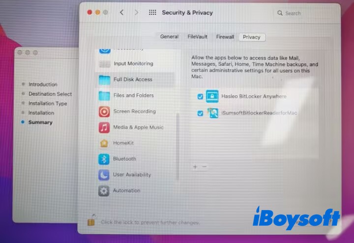 grant full disk access for iSumsoft BitLocker for Mac