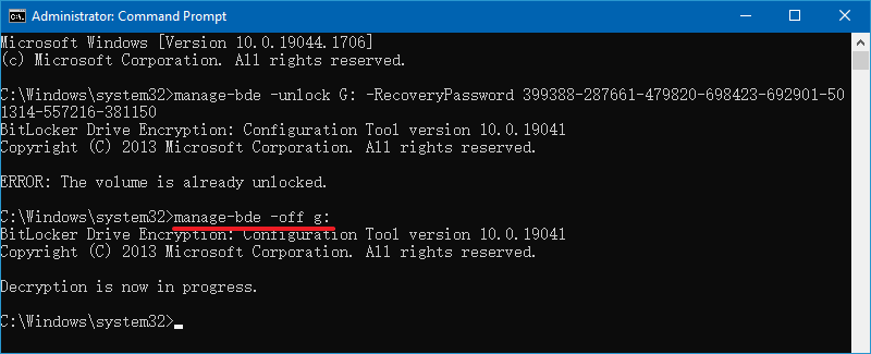 BitLocker decryption with command line