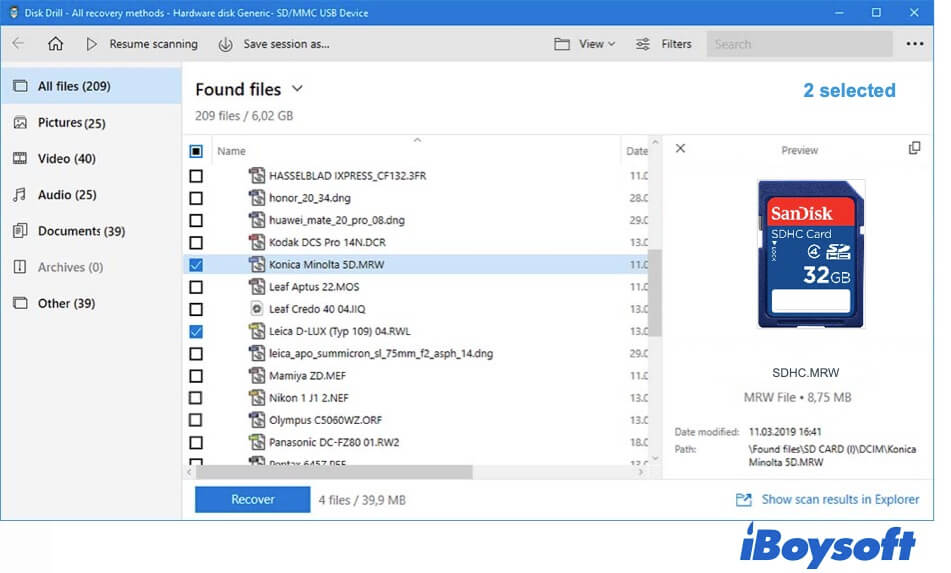 Disk Drill SDHC recovery for Mac