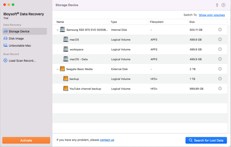 iBoysoft Data Recovery for Mac show all devices