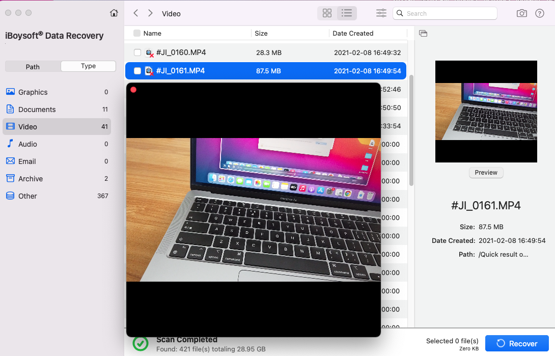iBoysoft Data Recovery preview scanning results